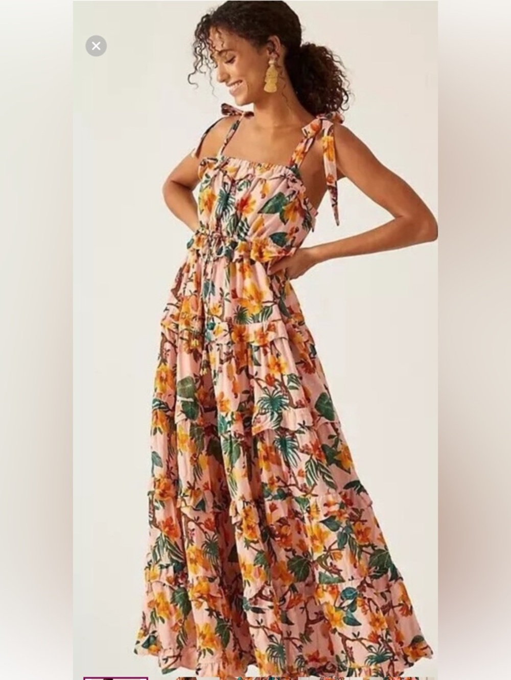 FARM Rio Pink Tropical Floral Tie-Shoulder Tiered Maxi Dress L